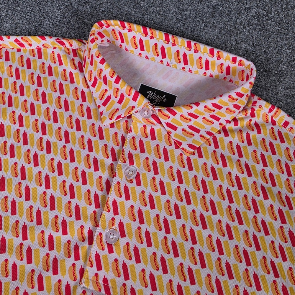 Waggle Glizzy Golf Polo Mens L Orange Hot Dog Ketchup Mustard Print Shirt